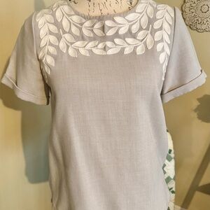 Madewell Gray Tan Boxy Blouse with Cuffed Sleeves